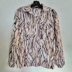 SHEIN Tan Brown Leopard Animal Print Silky Long Sleeve Button Up Shirt Size 2